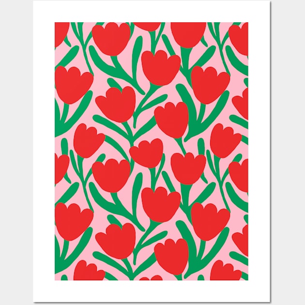 Boho tulips flower pattern in pink and red Wall Art by Natalisa